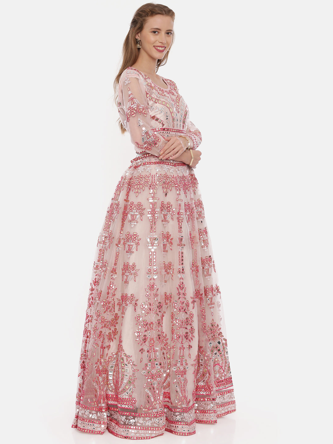 Neerus Pink net embellished lehenga set - detail view 2