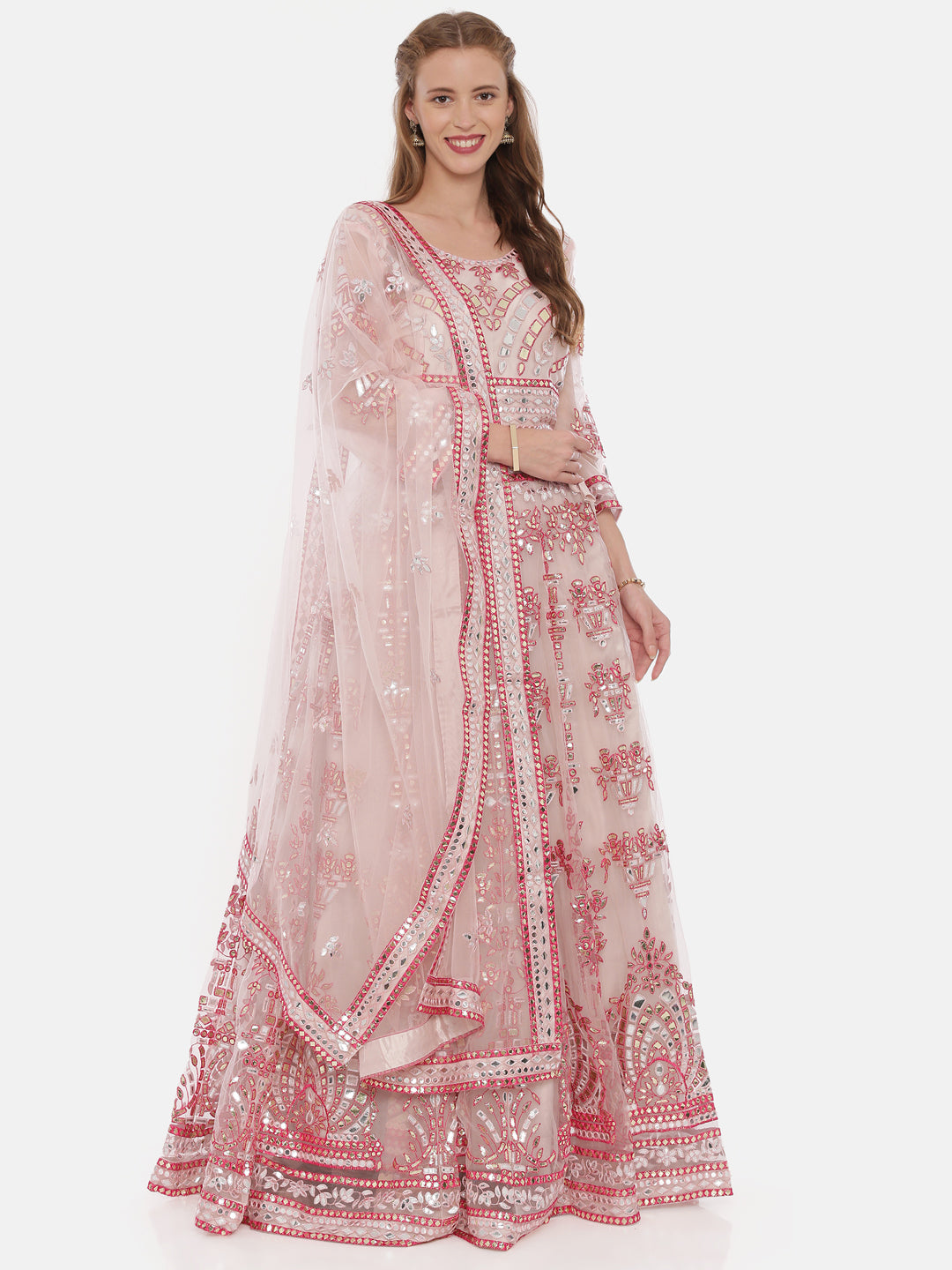 Neerus Pink net embellished lehenga set - detail view 4