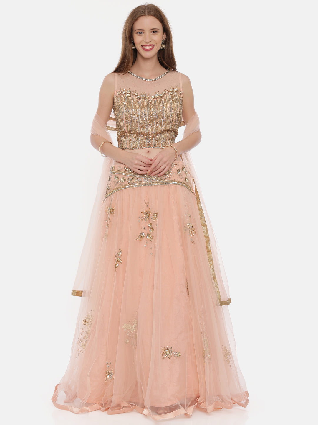 Neerus Pink net embellished lehenga ghagra set - front view