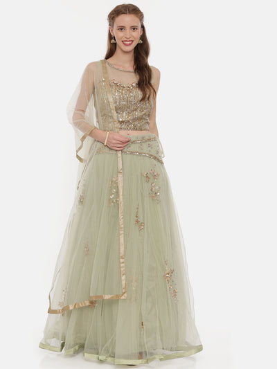 Neeru'S Pista Color,Nett Fabric Ghagra Set