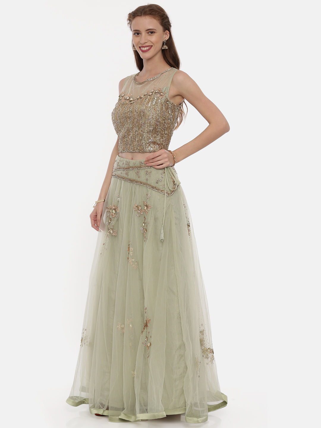 Neerus Green net embellished lehenga set - side view