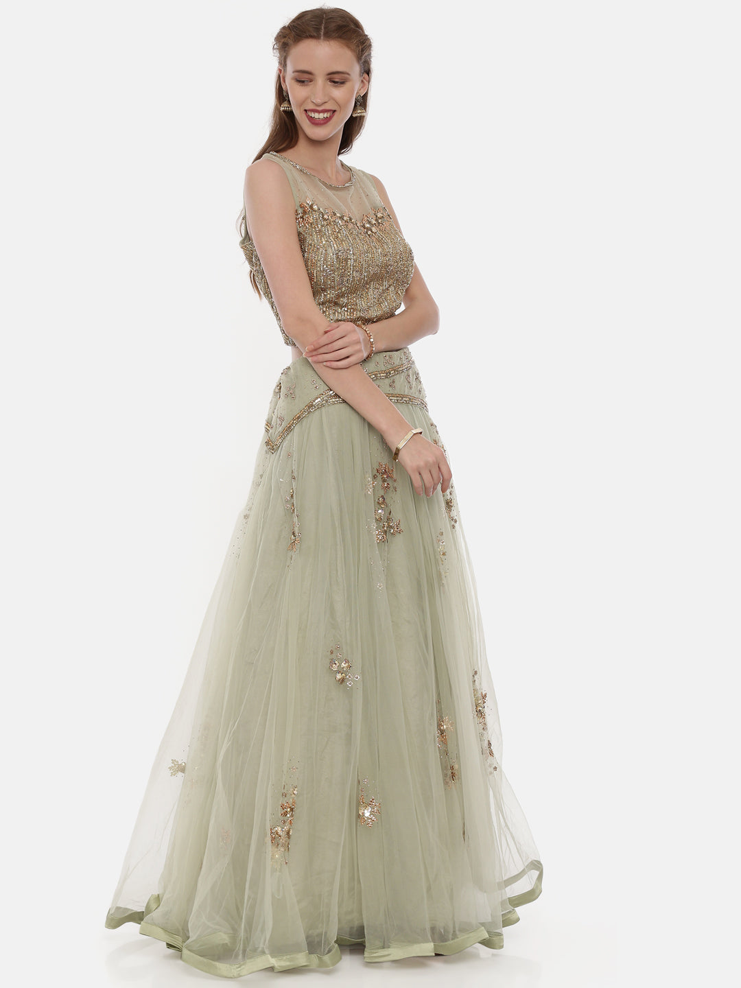 Neerus Green net embellished lehenga set - detail view 1