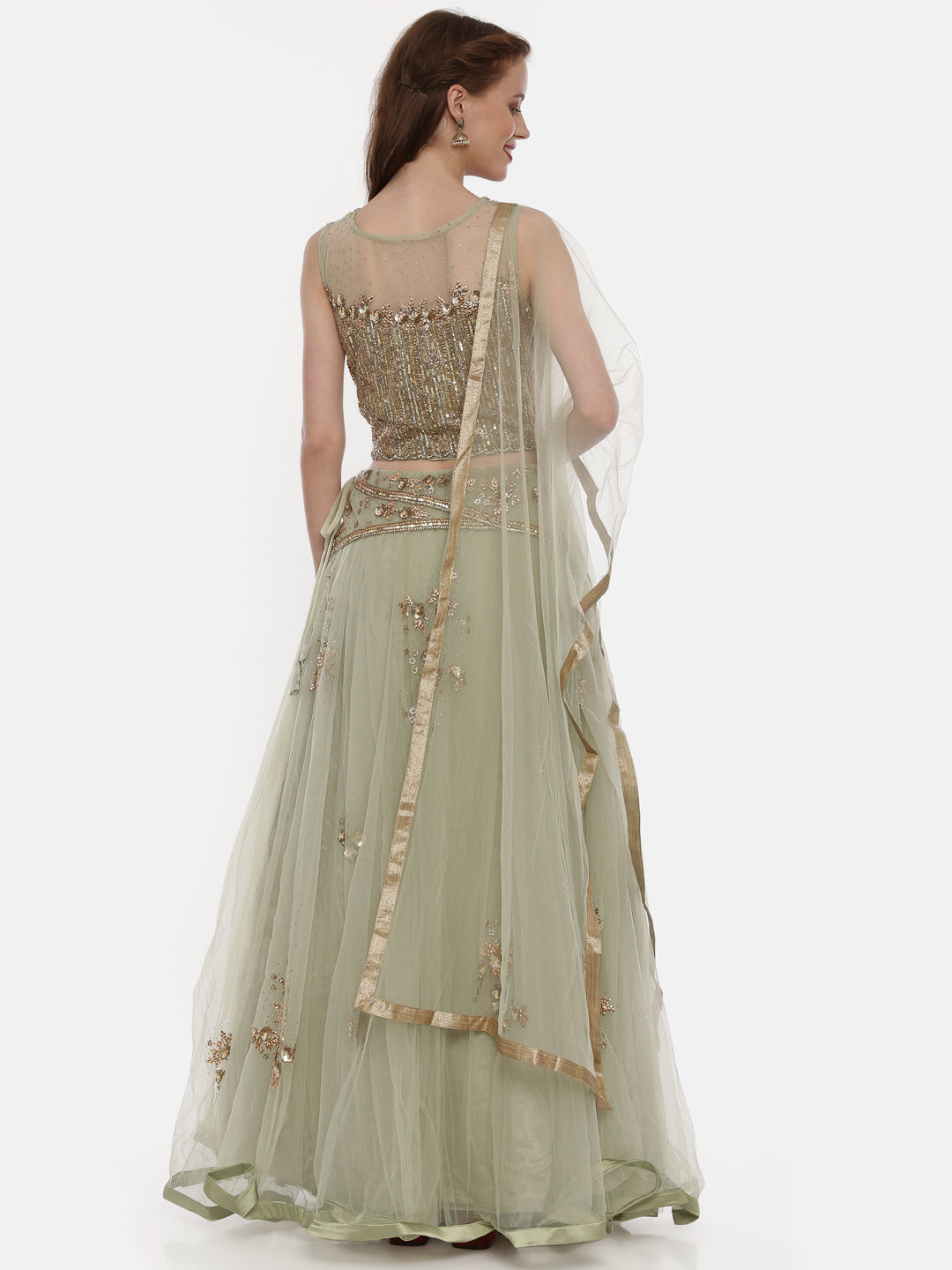 Neeru'S Pista Color,Nett Fabric Ghagra Set