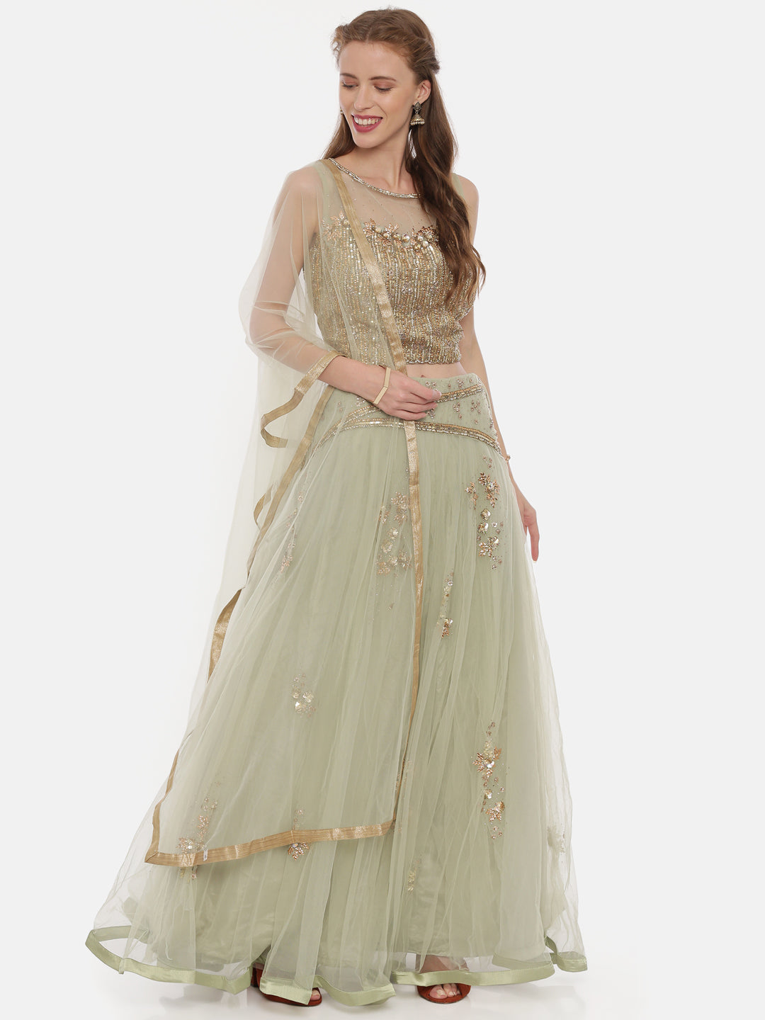 Neeru'S Pista Color,Nett Fabric Ghagra Set
