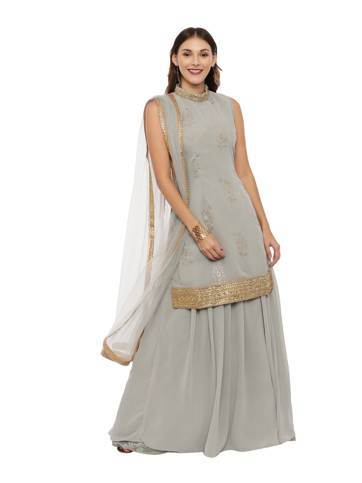 Neerus Grey georgette sleeveless suit skirt set - front view