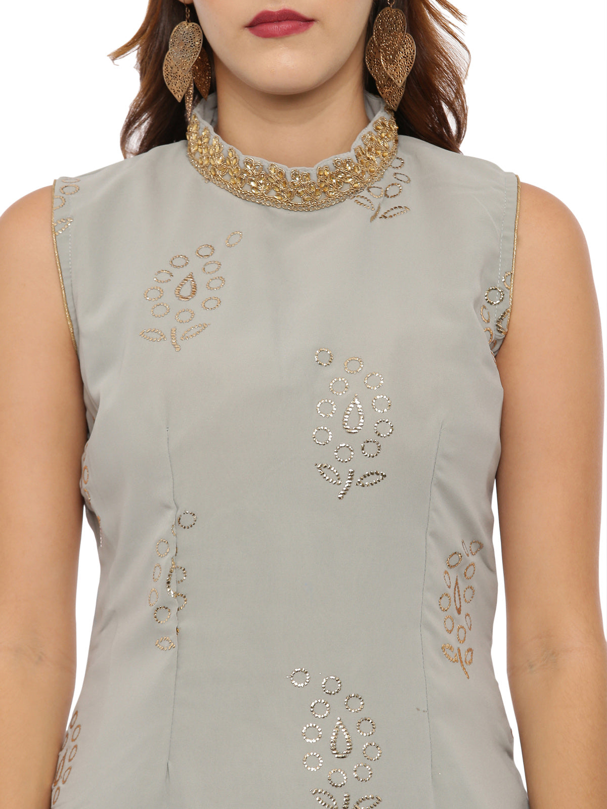 Neeru'S Gray Color, Georgette Fabric Sleeveless Suit-Skirts