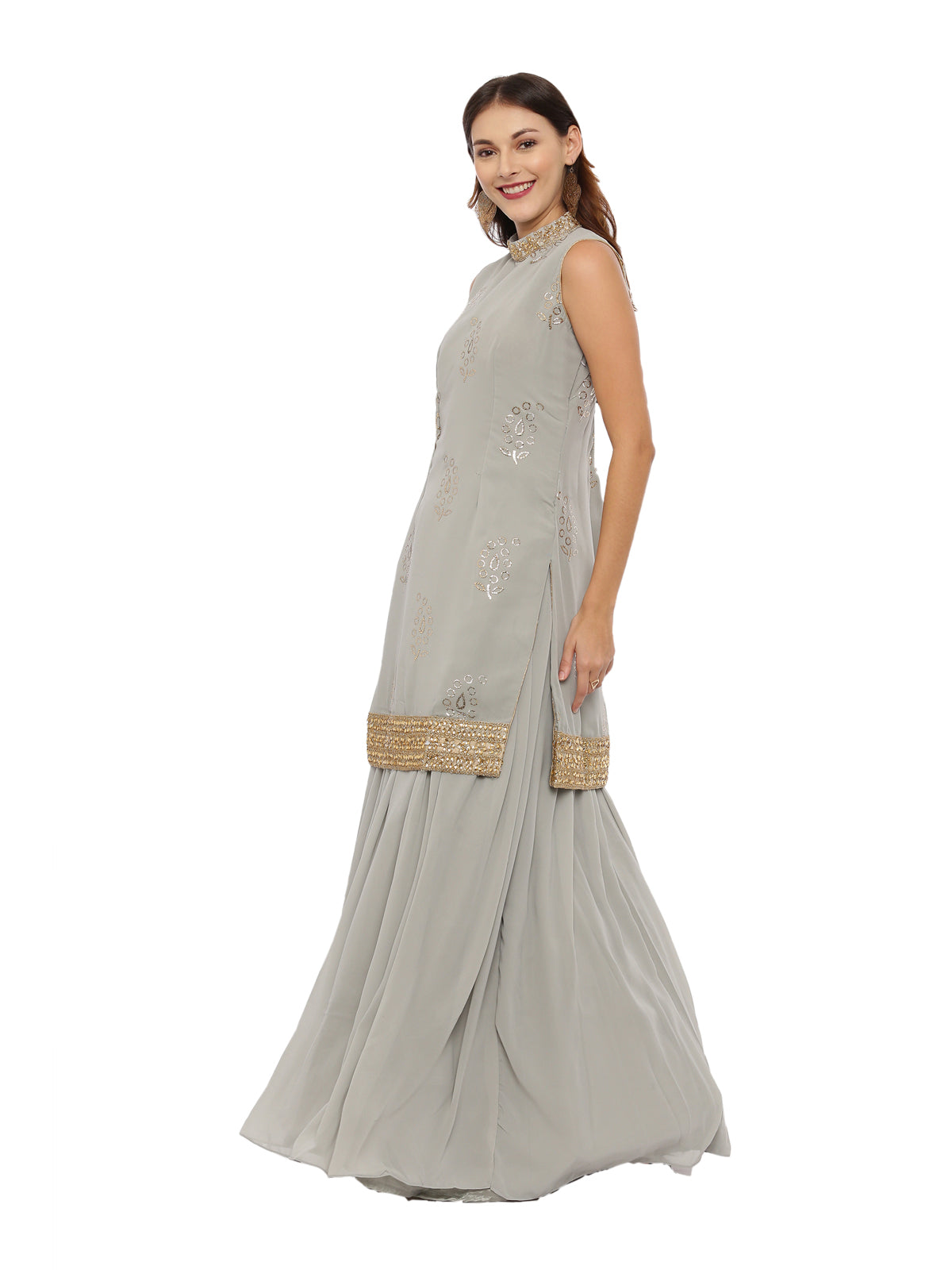 Neeru'S Gray Color, Georgette Fabric Sleeveless Suit-Skirts