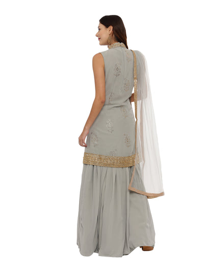 Neeru'S Gray Color, Georgette Fabric Sleeveless Suit-Skirts