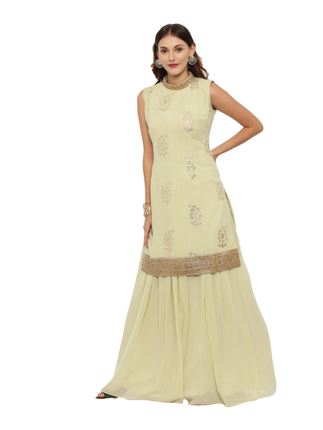 Neerus Green Color Georgette Fabric Sleeveless Suit-Skirts