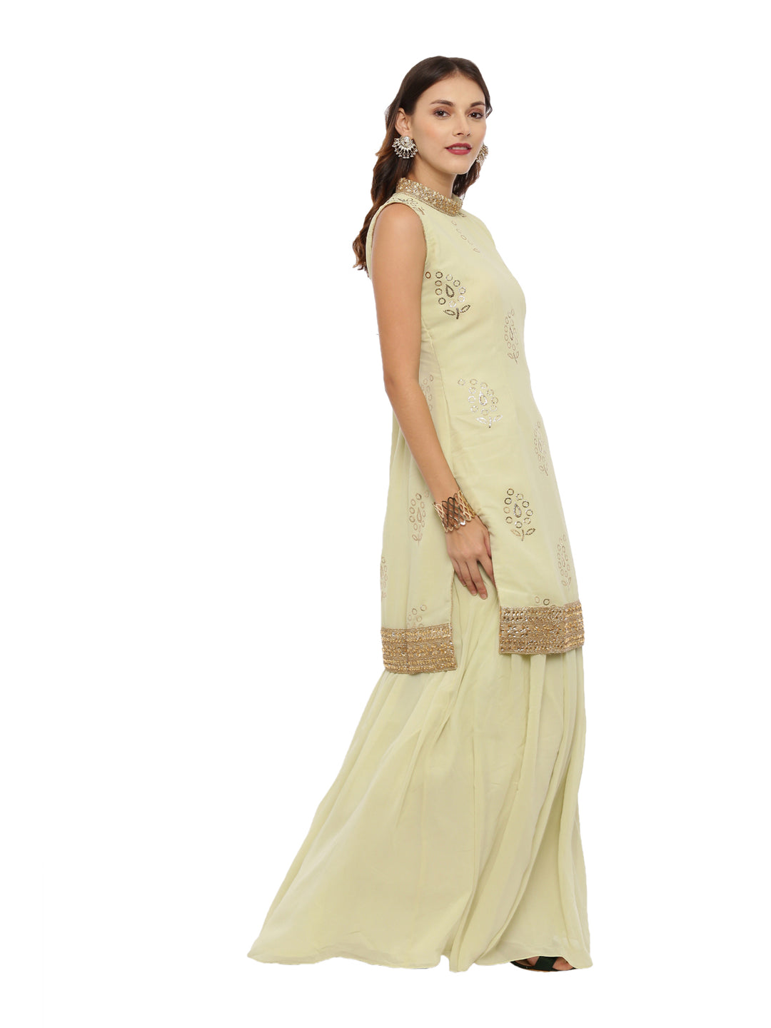 Neerus Green Color Georgette Fabric Sleeveless Suit-Skirts