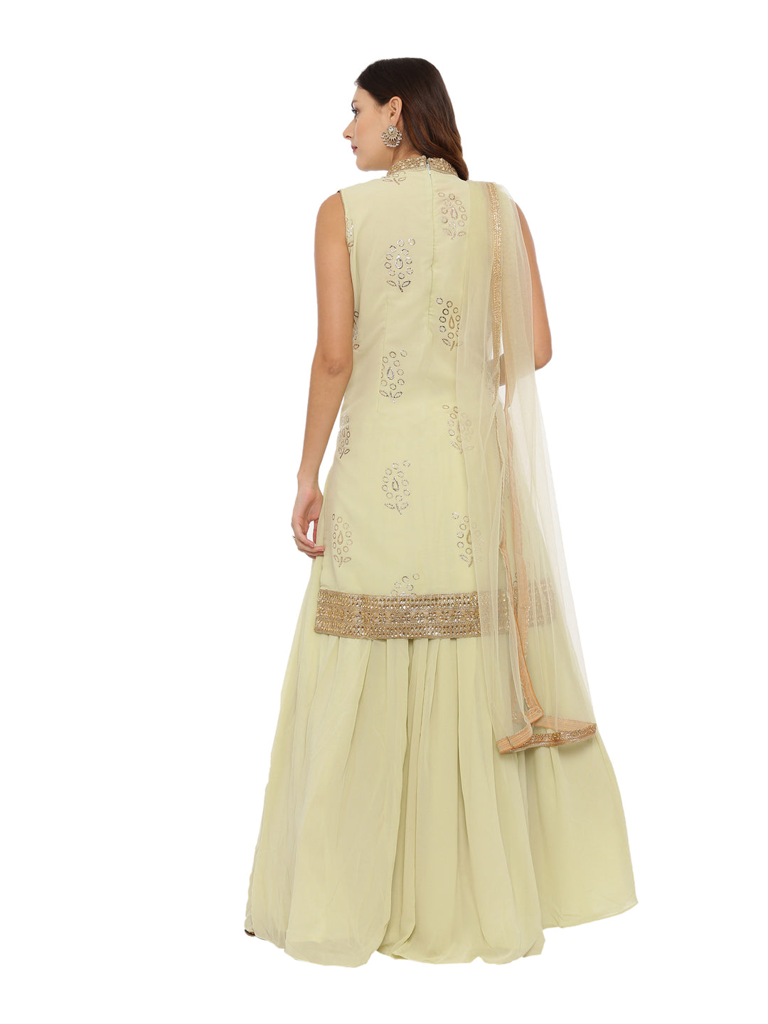 Neerus Green Color Georgette Fabric Sleeveless Suit-Skirts