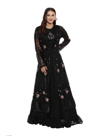 Neeru's Black Embellished Top & Skirt Set With Jacket