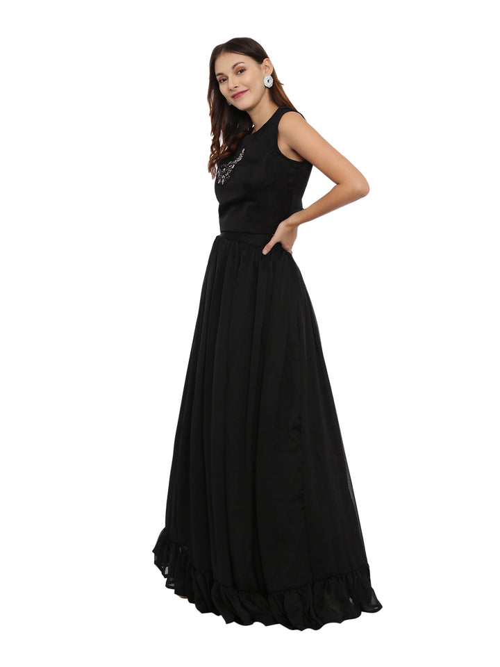 Neerus Black Embellished Top & Skirt Set With Jacket