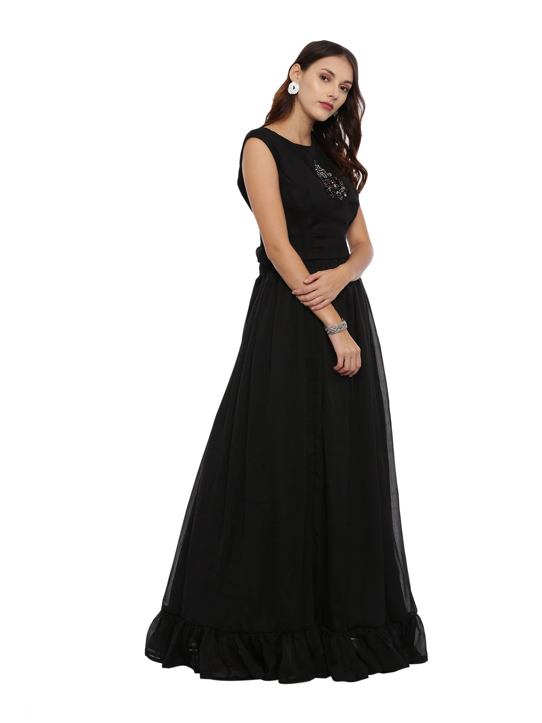 Neerus Black Embellished Top & Skirt Set With Jacket