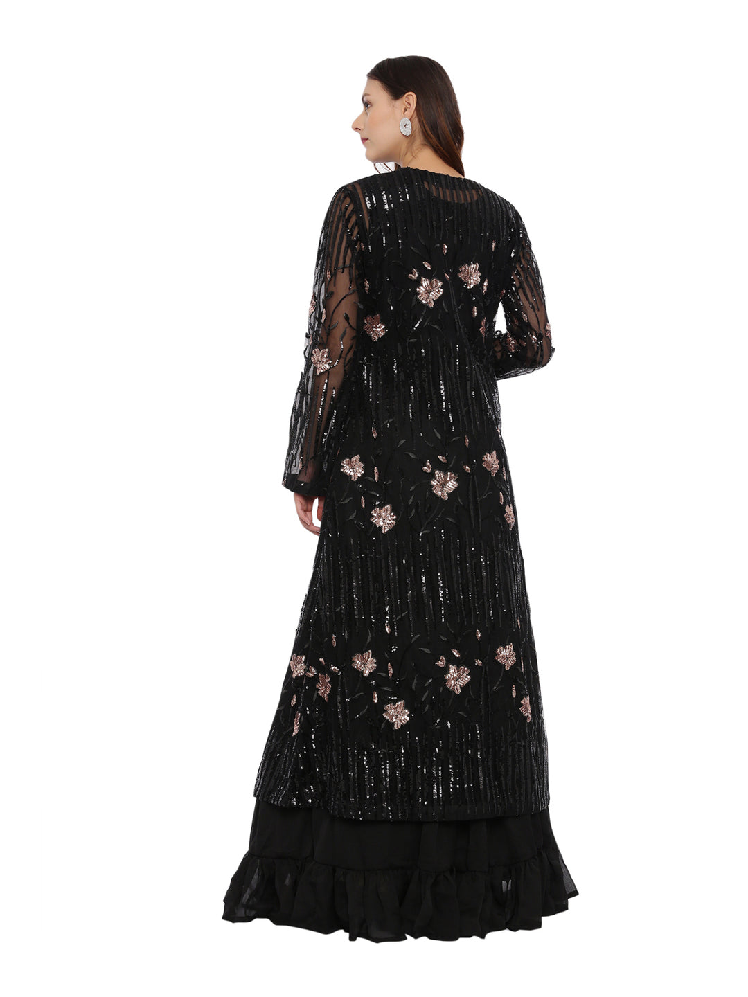 Neerus Black Embellished Top & Skirt Set With Jacket