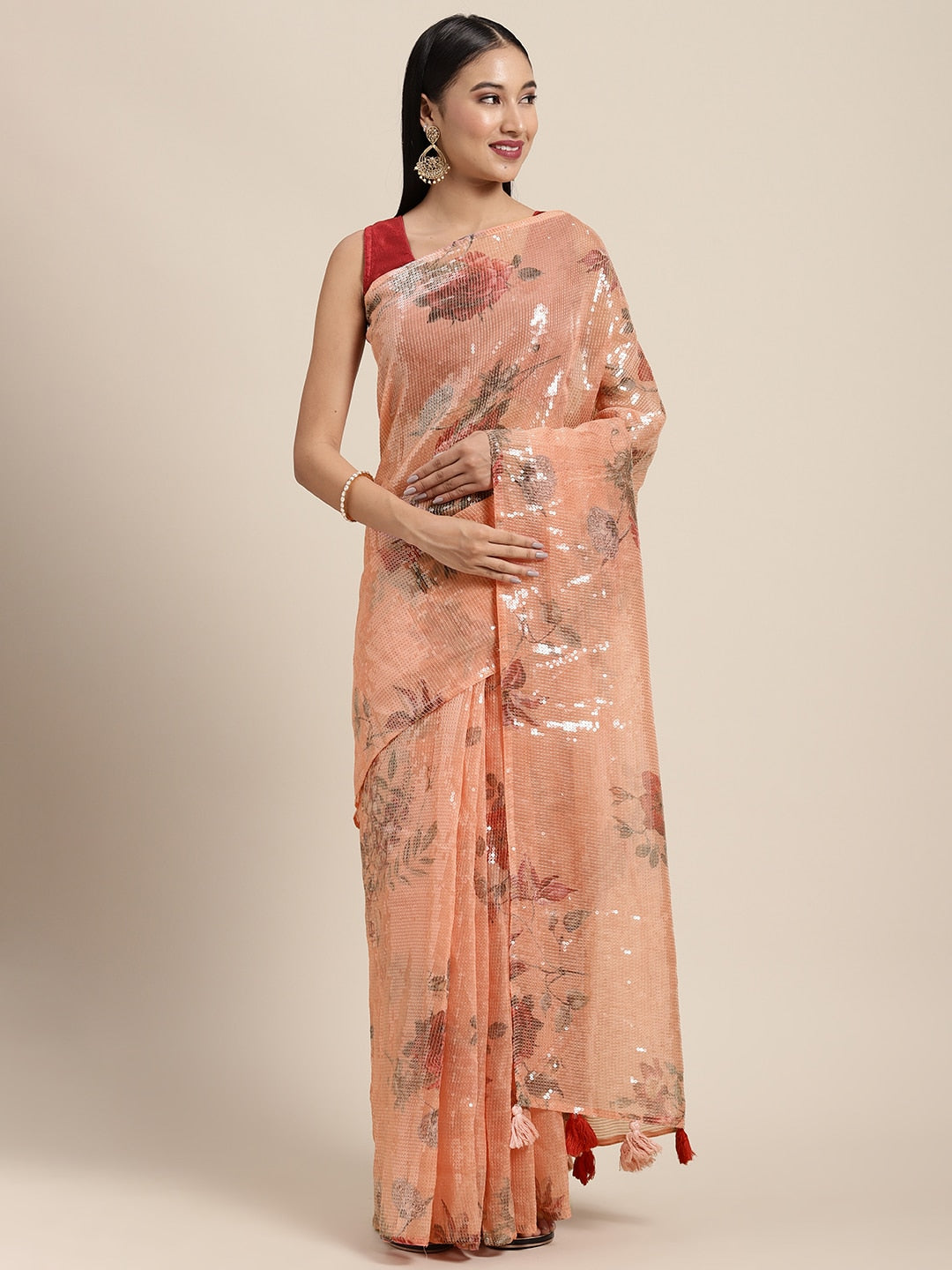 Neerus Orange Organza Saree - front view
