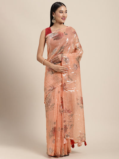 Neeru's Orange Color Organza Fabric Saree
