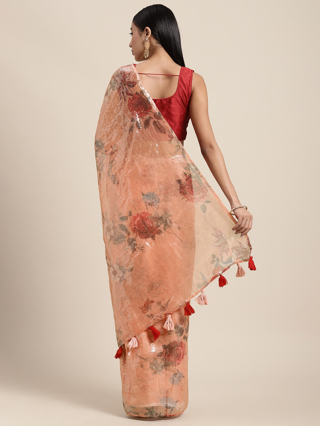 Neerus Orange Organza Saree - back view