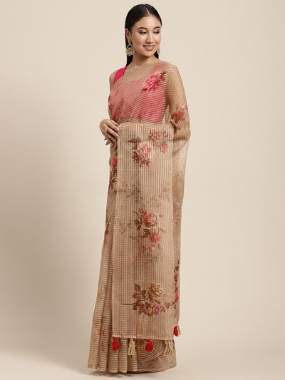 Neeru's Beige Color Organza Fabric Saree