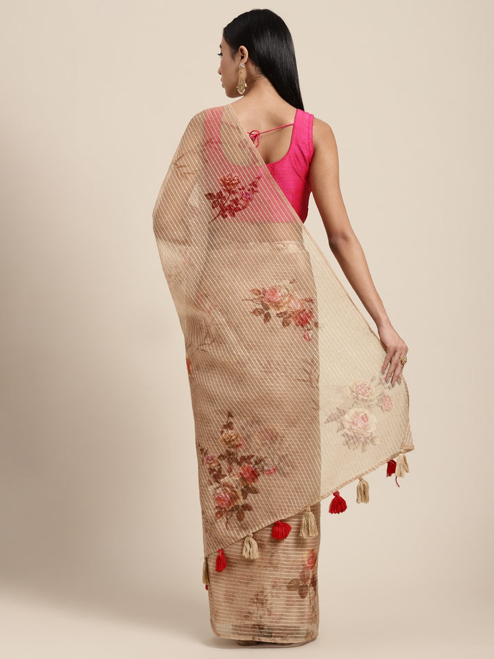 Neerus Beige Color Organza Fabric Saree