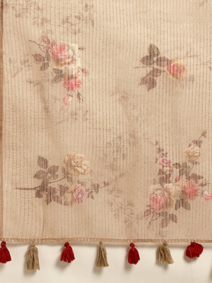 Neerus Beige Color Organza Fabric Saree