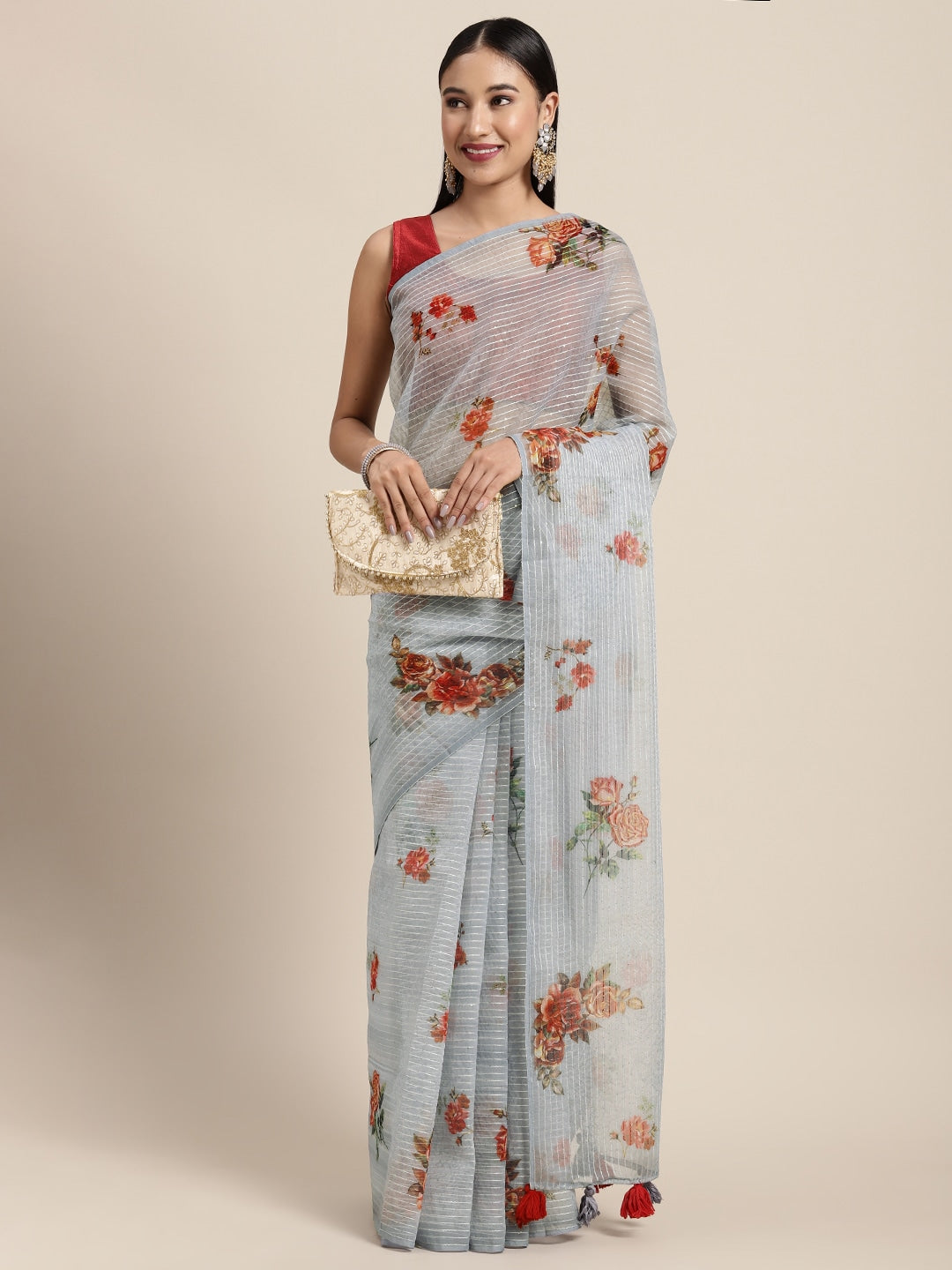 Neeru's Grey Color Organza Fabric Saree