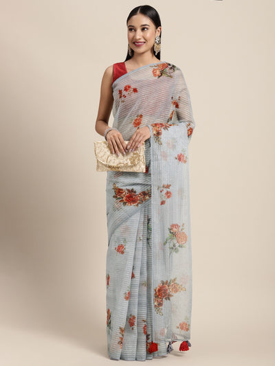 Neeru's Grey Color Organza Fabric Saree
