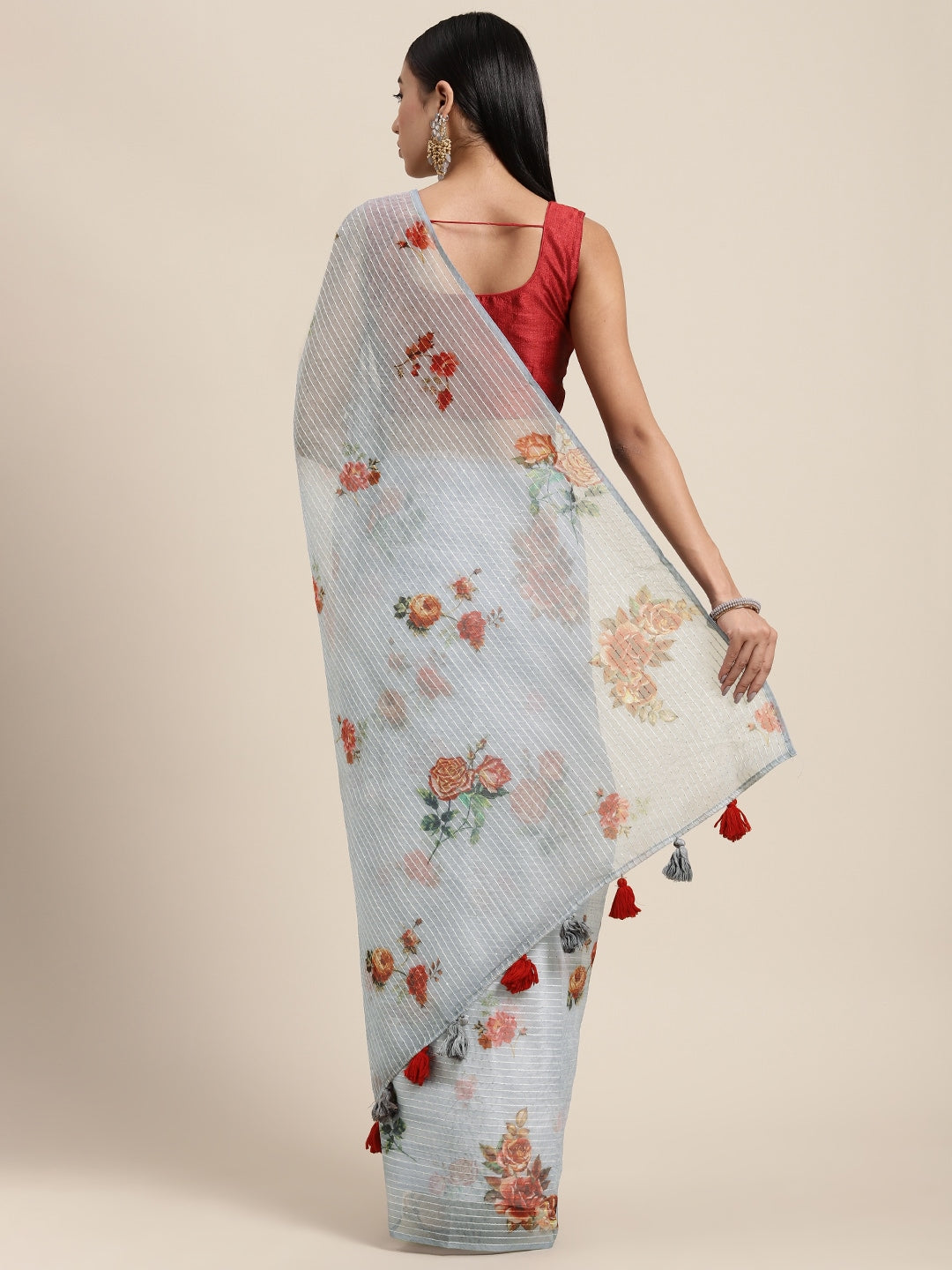 Neerus Grey Organza Saree - back view