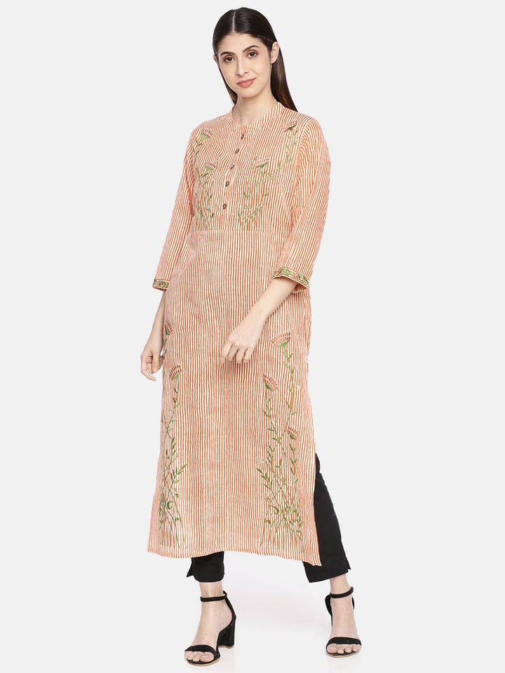 Neerus Women Orange Cream-Coloured Striped Straight Kurta