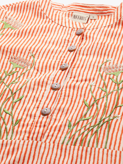 Neerus Women Orange  Cream-Coloured Striped Straight Kurta