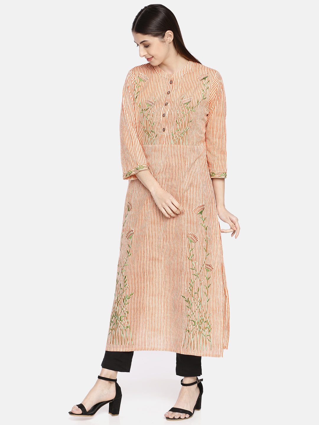 Neerus Women Orange Cream-Coloured Striped Straight Kurta