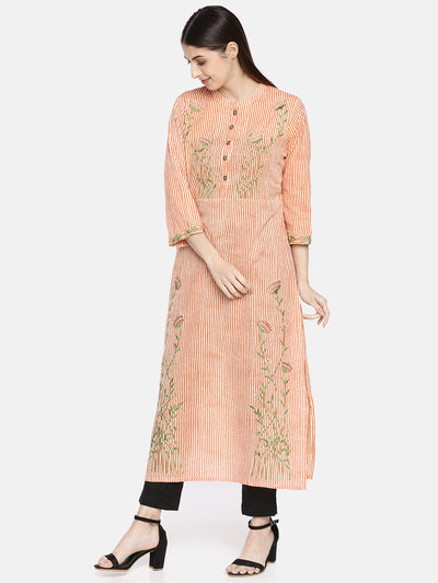 Neerus Women Orange  Cream-Coloured Striped Straight Kurta