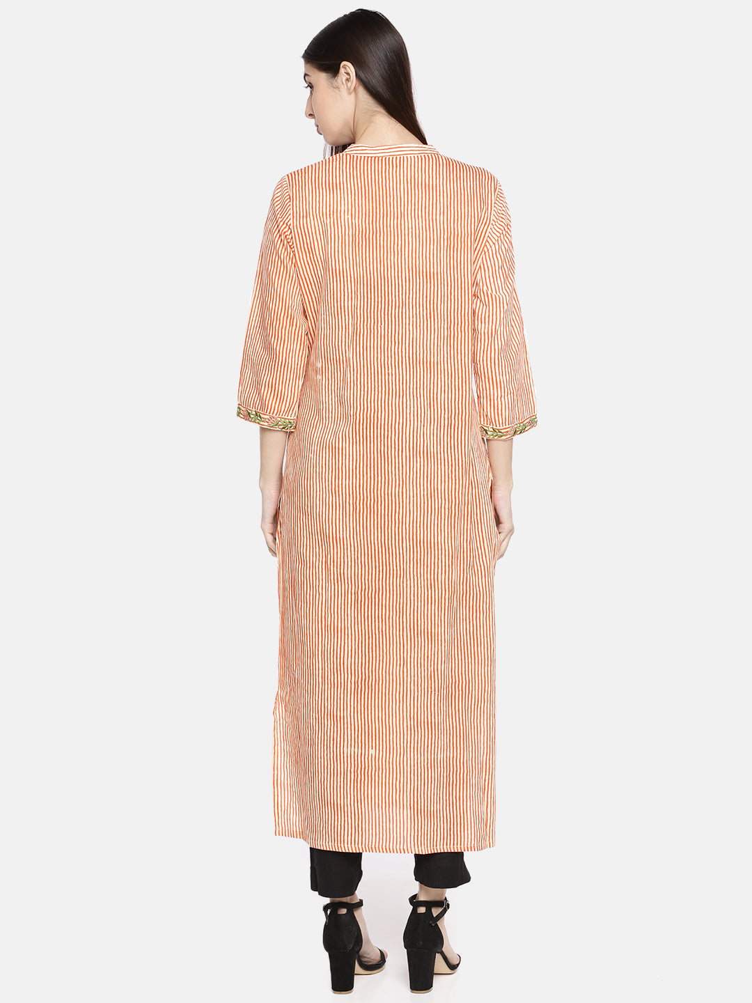 Neerus Women Orange Cream-Coloured Striped Straight Kurta