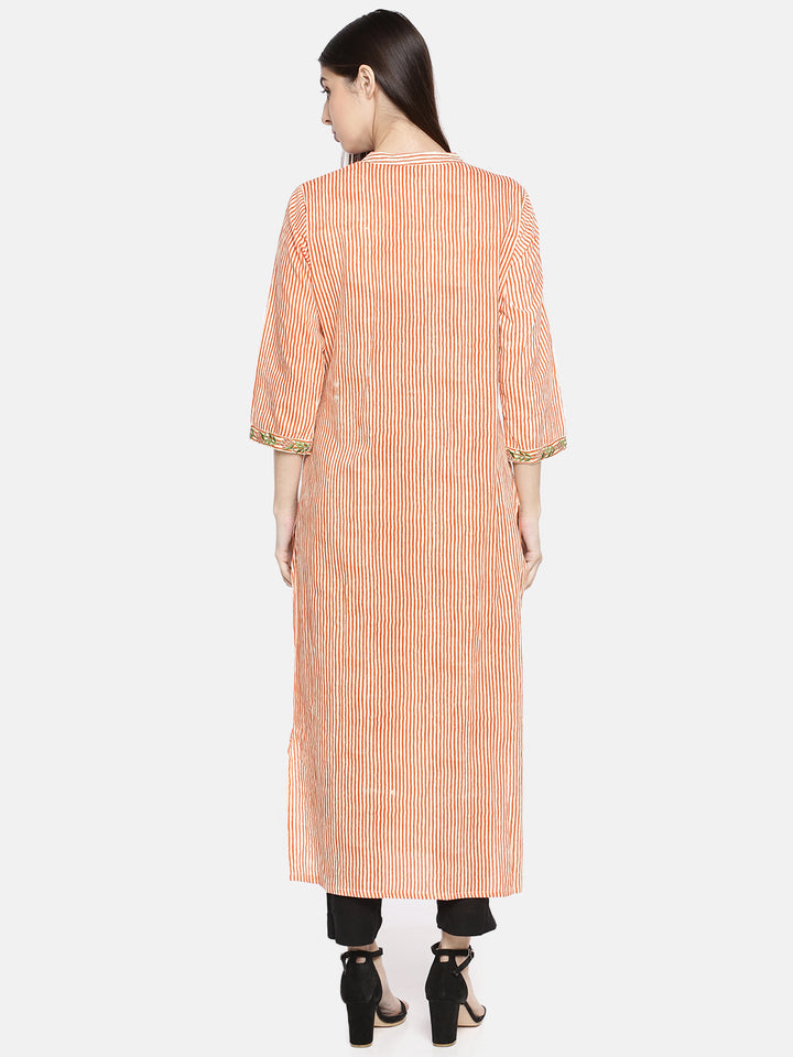 Neerus Women Orange Cream-Coloured Striped Straight Kurta