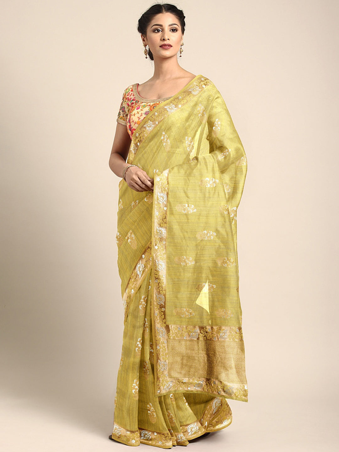 Neerus Yellow Banarasi printed saree - front view