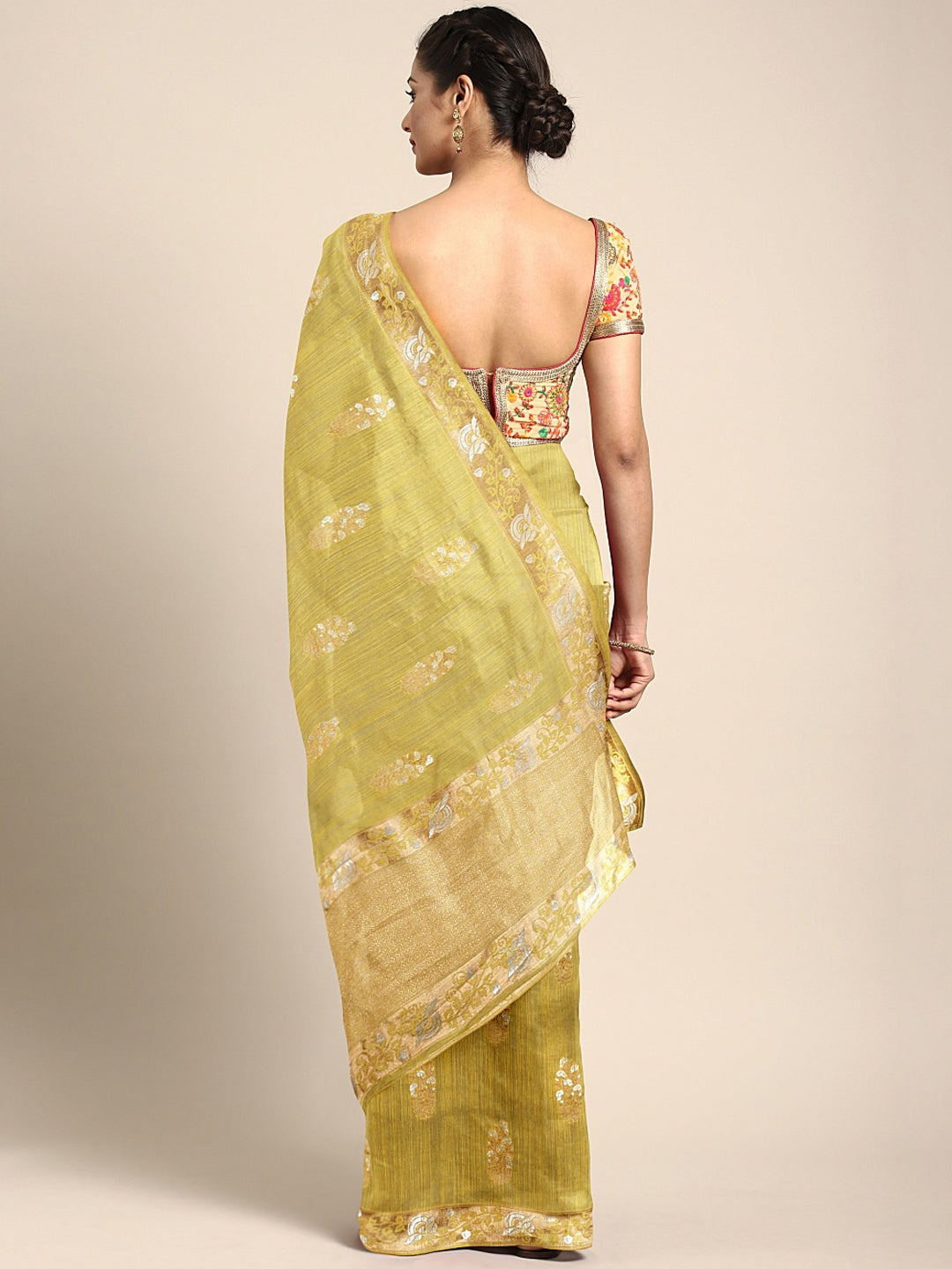 Neerus Yellow Banarasi printed saree - back view