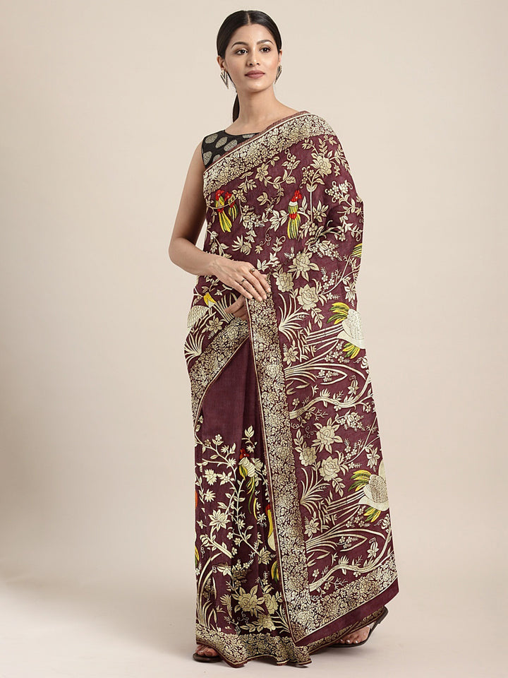 Neerus Maroon Color Banaras Fabric Saree