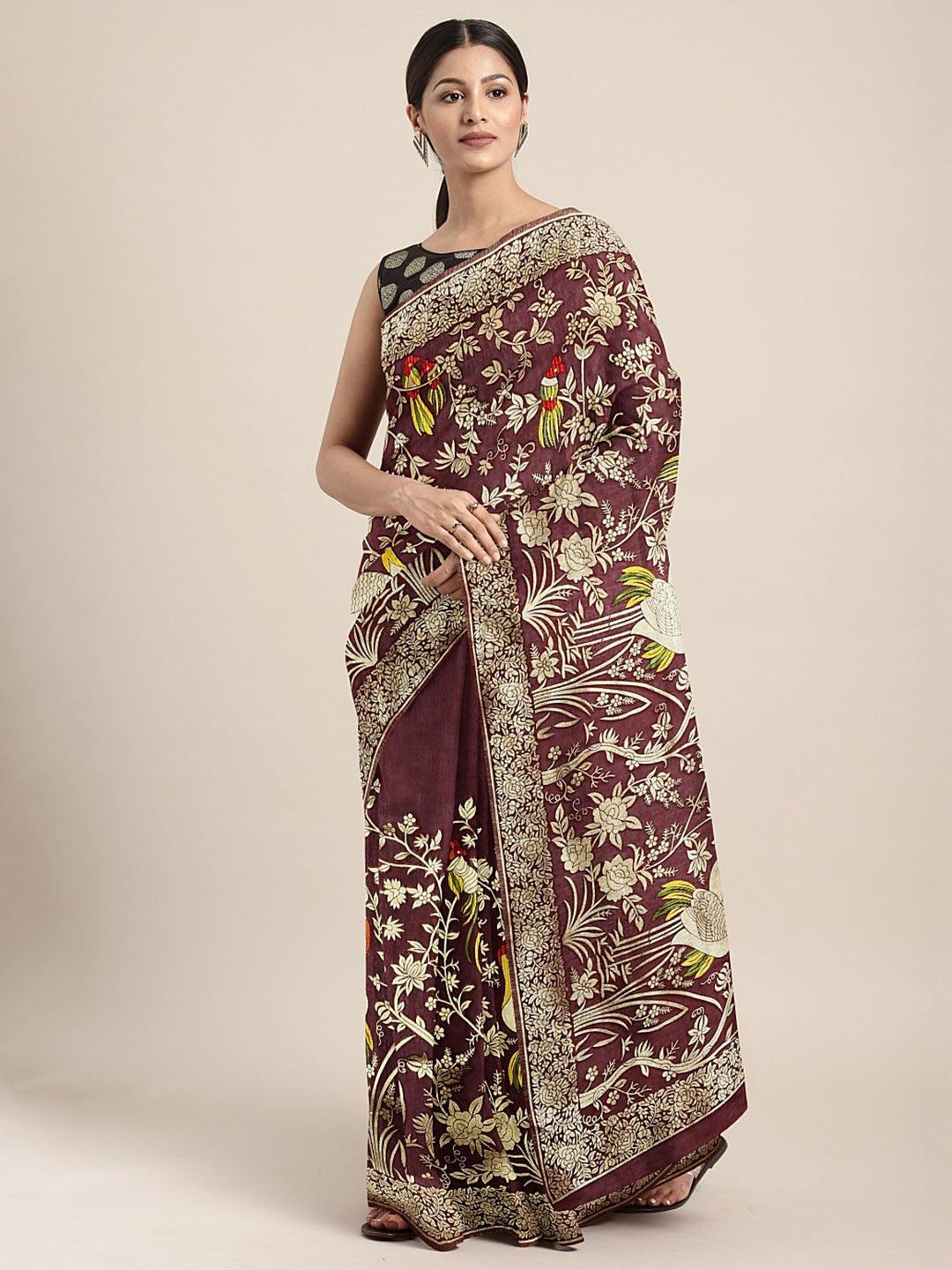 Neeru's Maroon Color Banaras Fabric Saree