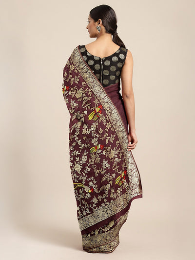 Neeru's Maroon Color Banaras Fabric Saree