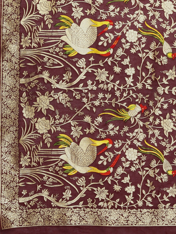 Neerus Maroon Color Banaras Fabric Saree