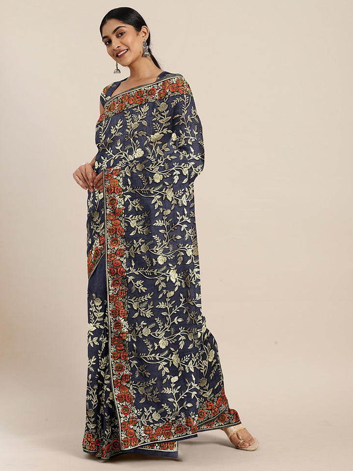 Neerus Navy Blue Color Banaras Fabric Saree