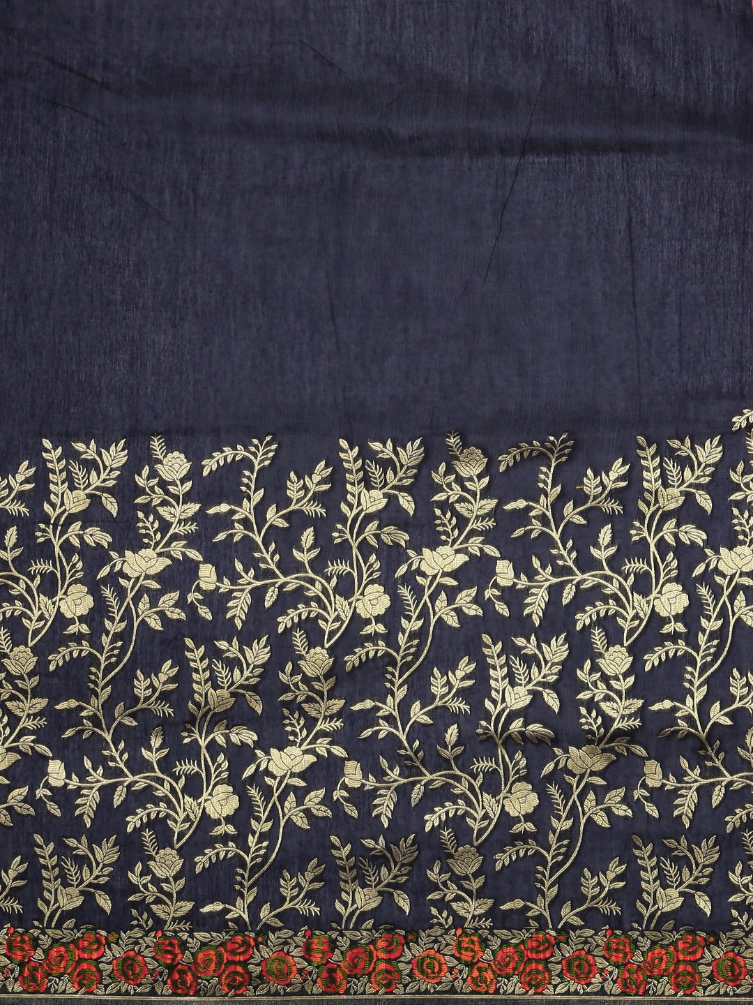 Neeru's Navy Blue Color Banaras Fabric Saree