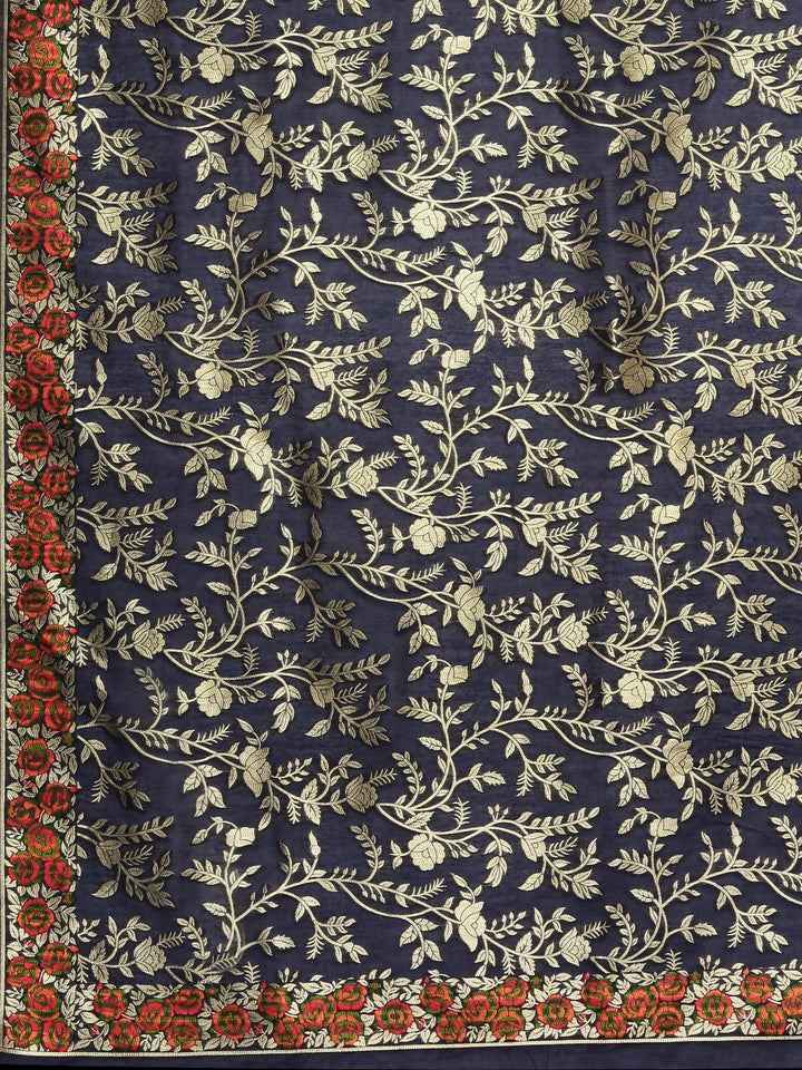 Neerus Navy Blue Color Banaras Fabric Saree
