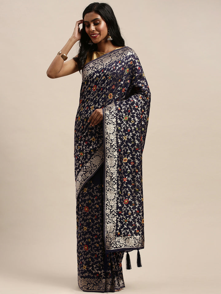 Neerus Navy Blue Gold-Toned Silk Cotton Woven Design Saree