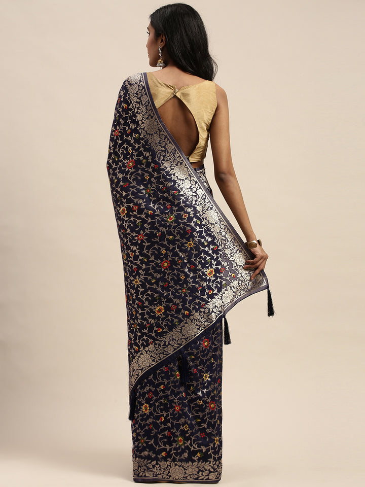 Neerus Navy Blue Gold-Toned Silk Cotton Woven Design Saree