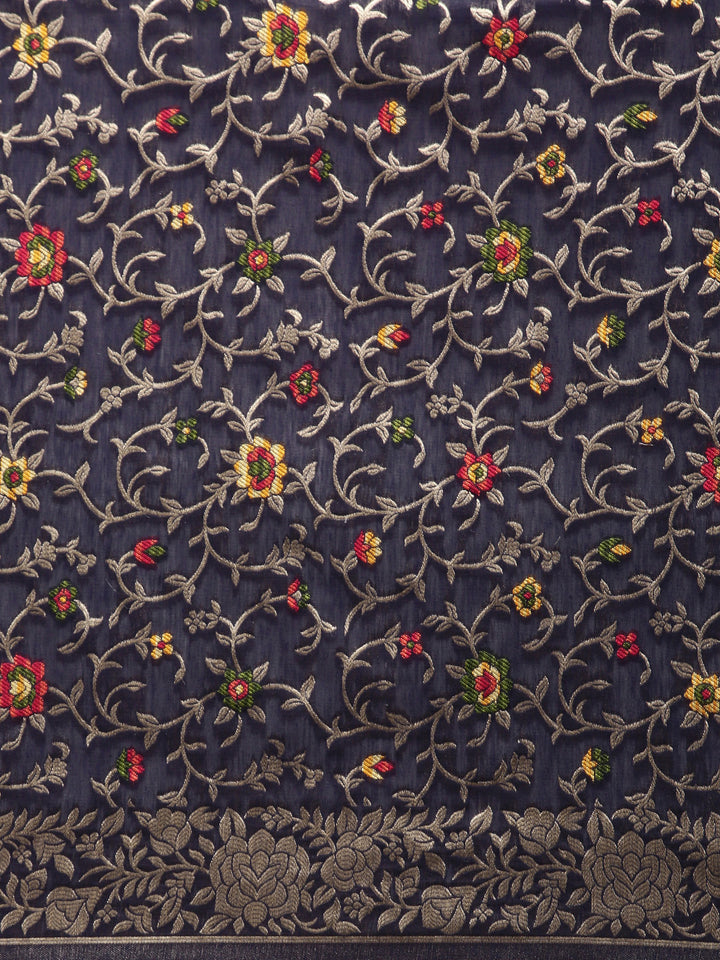 Neerus Navy Blue Gold-Toned Silk Cotton Woven Design Saree