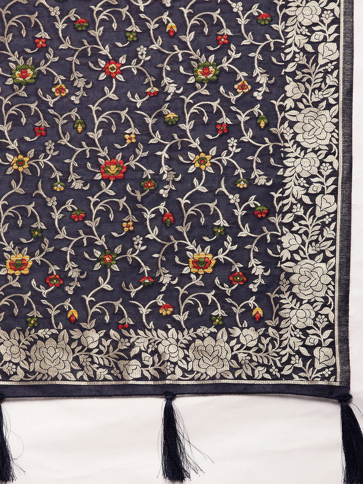 Neerus Navy Blue Gold-Toned Silk Cotton Woven Design Saree