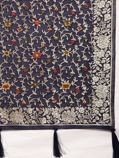 Neerus Navy Blue  Gold-Toned Silk Cotton Woven Design Saree