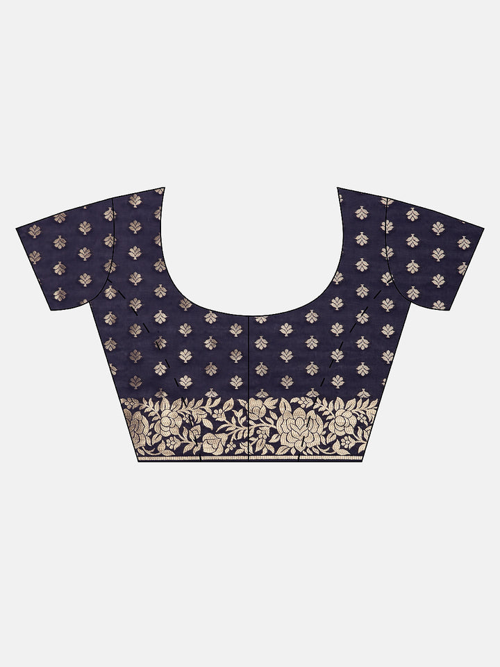 Neerus Navy Blue Gold-Toned Silk Cotton Woven Design Saree