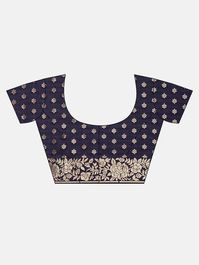 Neerus Navy Blue  Gold-Toned Silk Cotton Woven Design Saree